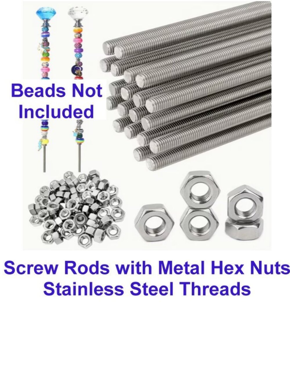 Screw Rods with Metal Hex Nuts Stainless Steel Threads 4 sets